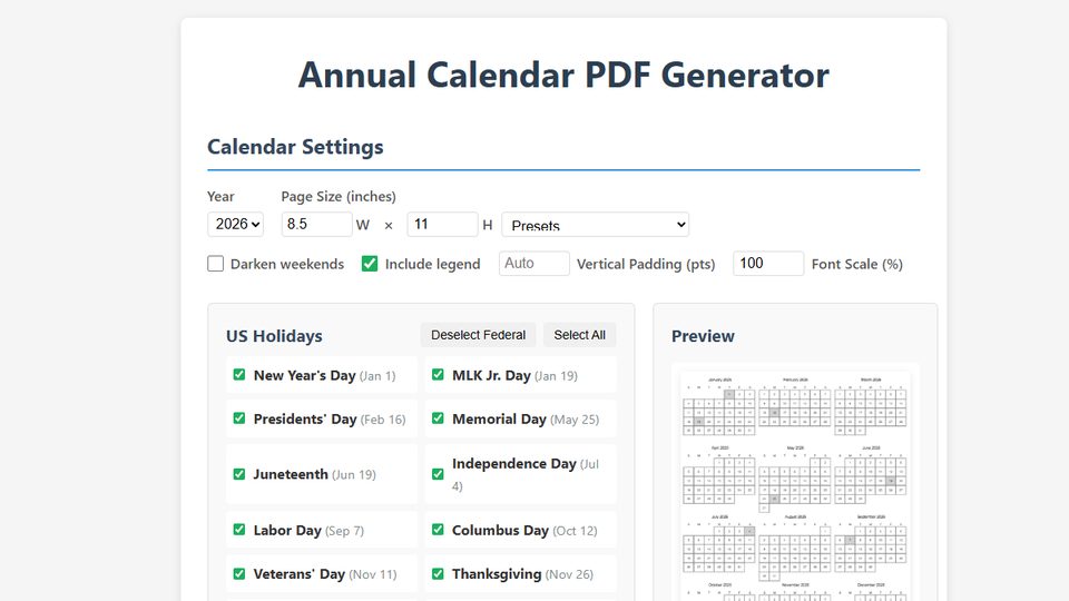 Annual Calendar PDF Generator with holiday checkboxes and a year preview