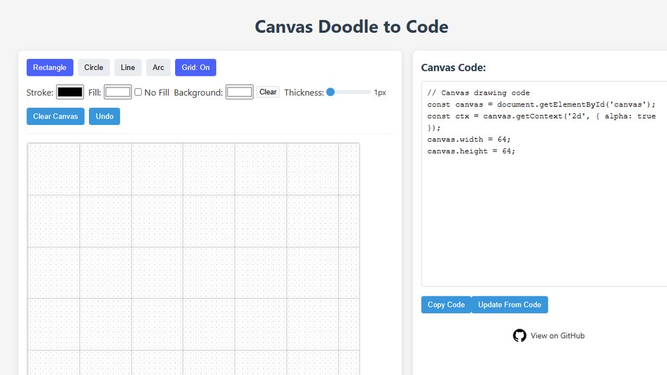Canvas Doodle to Code, with a drawing grid beside generated JavaScript