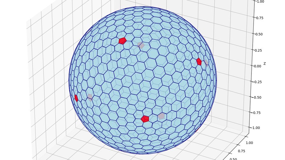 A sphere tiled by hexagons and twelve pentagons, a Goldberg polyhedron
