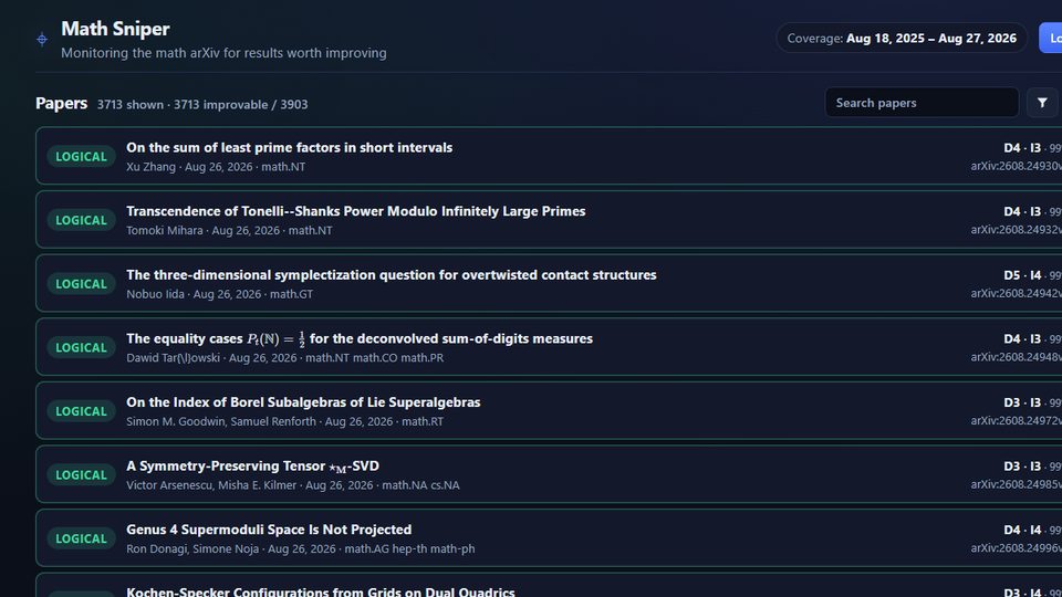Math Sniper listing recent math arXiv papers marked as logical improvements